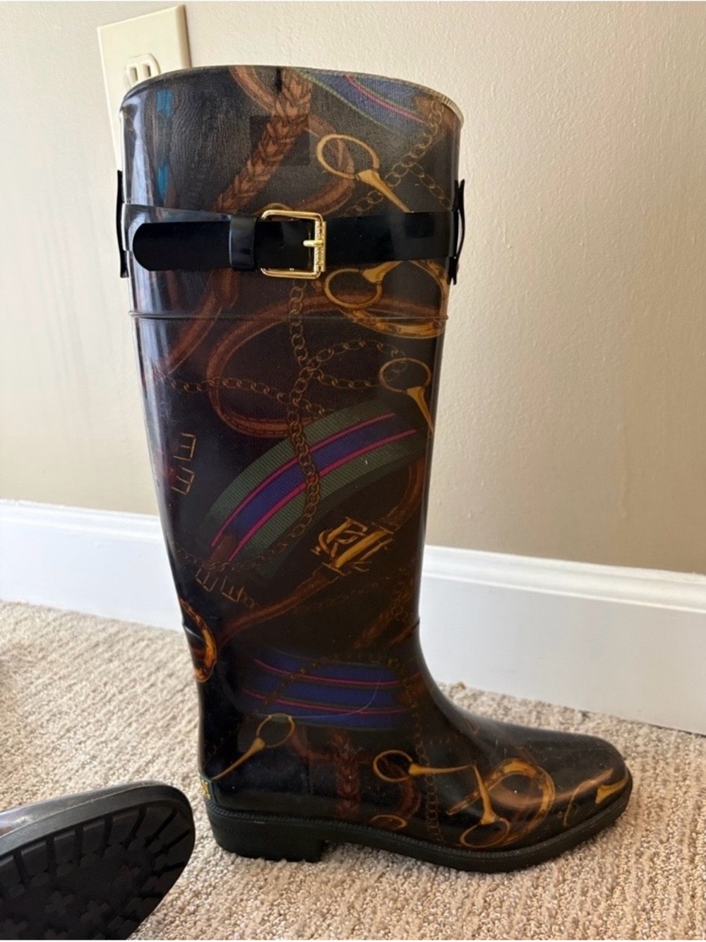 Lauren Ralph Lauren Rossalyn Equestrian  Patterned Rain Boots with Gold  Buckle - Picture 2 of 8